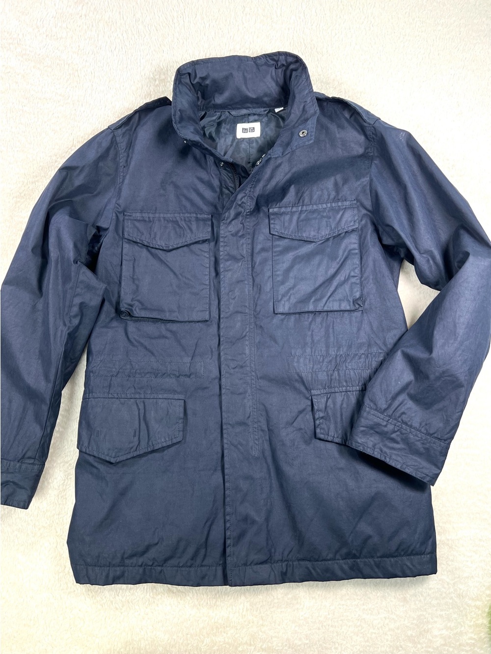 Uniqlo Waxed Cotton Chore Multi Pocket High Neck Parka Coat size S Navy Utility